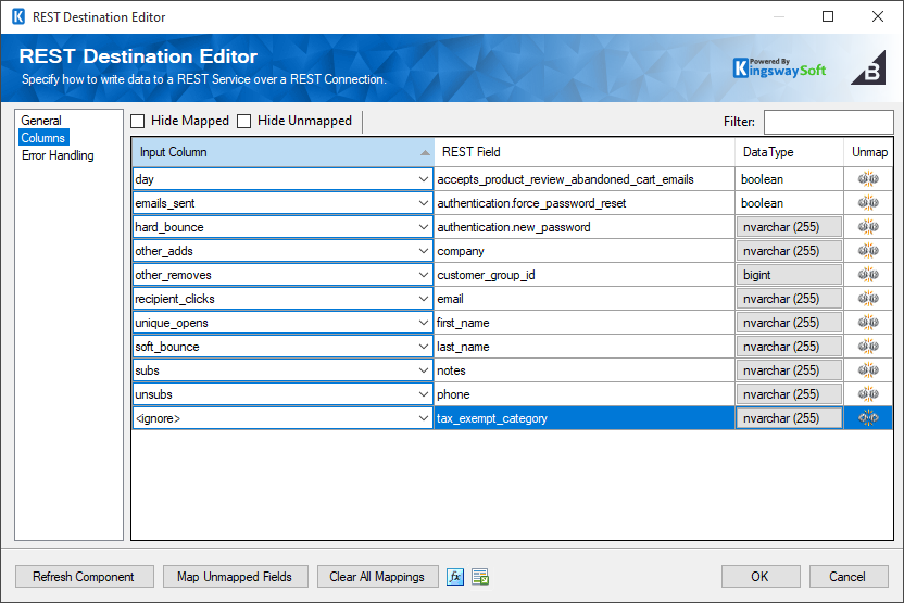 SSIS REST BigCommerce Destination - Columns